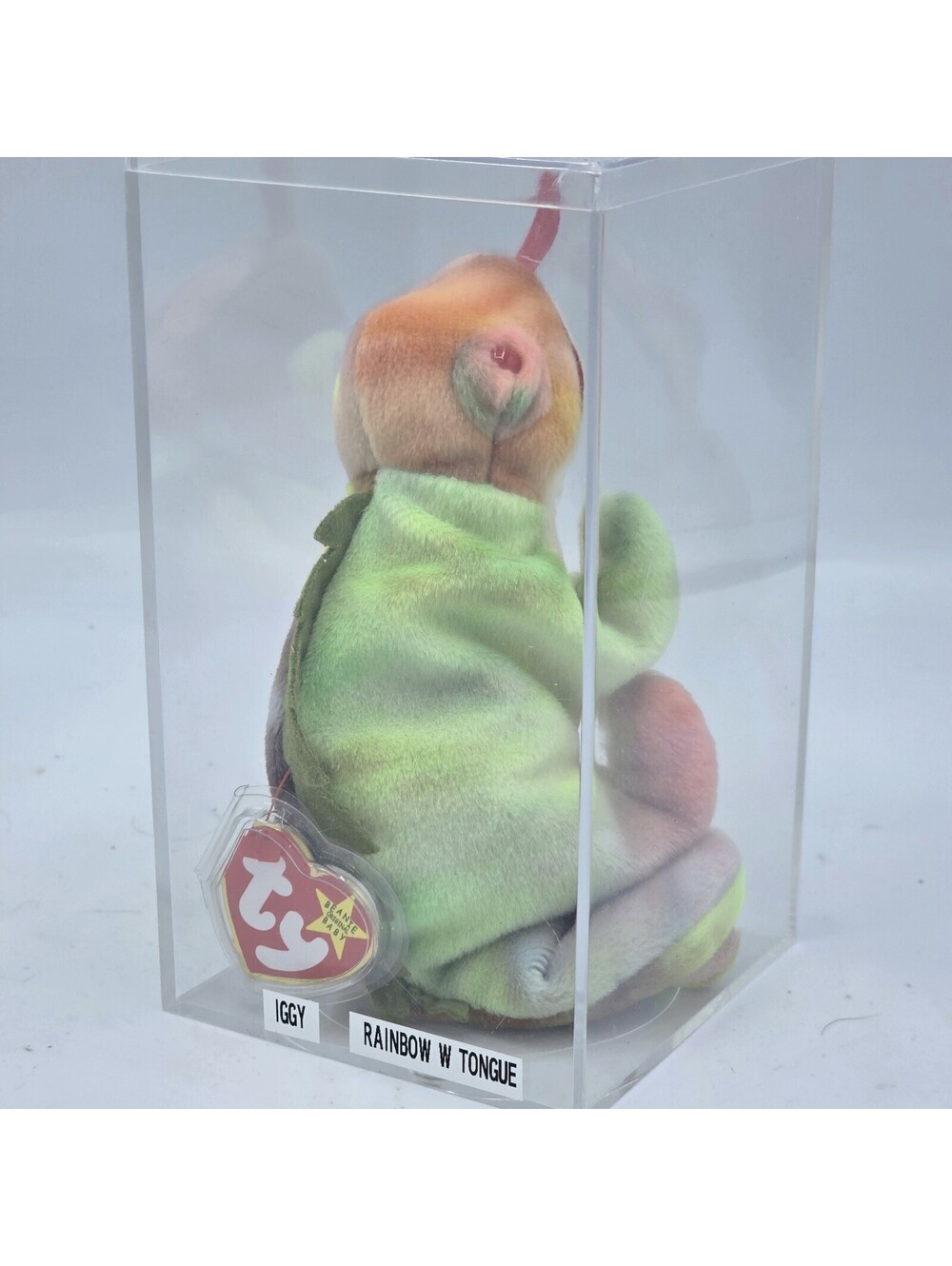 Ty Beanie Baby Iggy Rainbow Chameleon Tongue Out MWMT w/ Display Case
